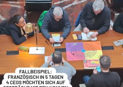 ein gruppe von Männern in den Fünfzigern sitzen mit 2 Frauen am Spieltisch - aus der Vogelperspektive