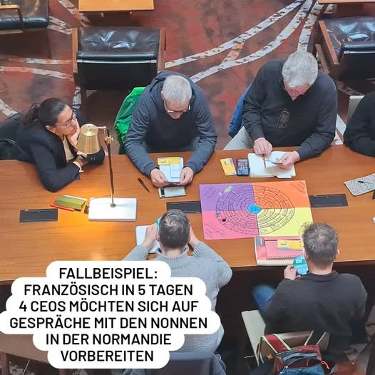 ein gruppe von Männern in den Fünfzigern sitzen mit 2 Frauen am Spieltisch - aus der Vogelperspektive