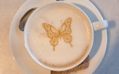 in Großaufnahme von oben: Tasse Cappucino mit viel Milchschaum und mit Kaffee ein gezeichneter Schmetterling